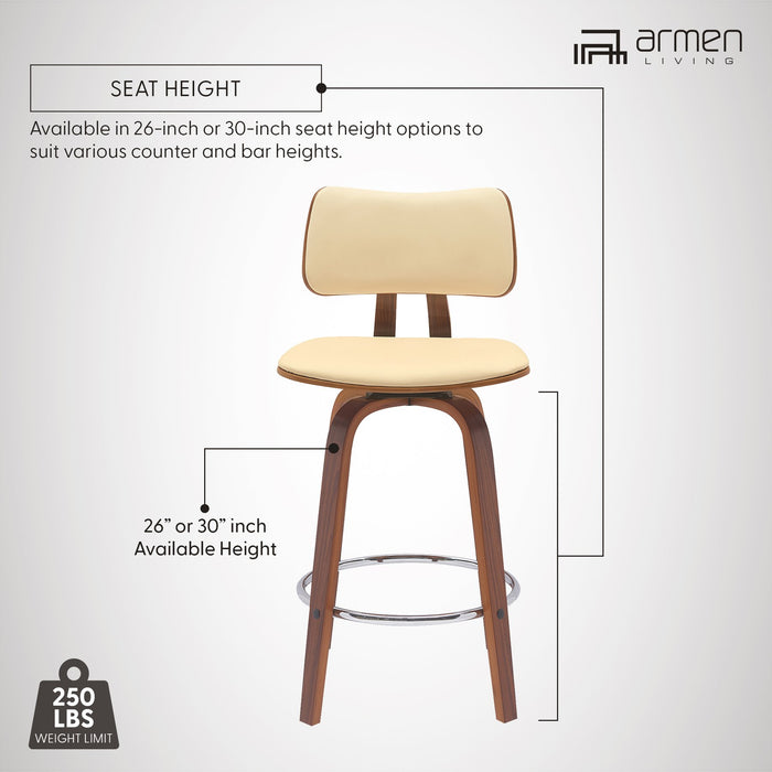 Pico 26" Swivel Walnut Wood Counter Stool in Cream Faux Leather with Chrome