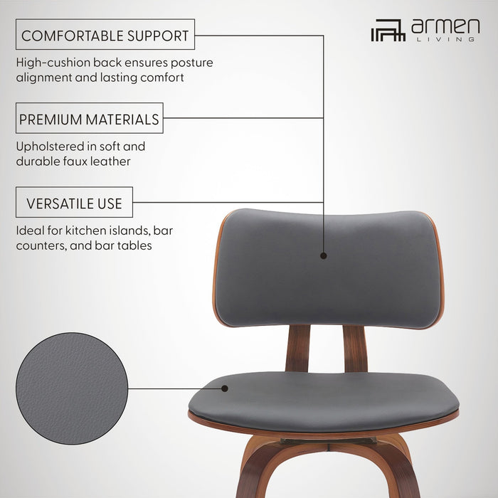Pico 26" Swivel Walnut Wood Counter Stool in Gray Faux Leather with Chrome