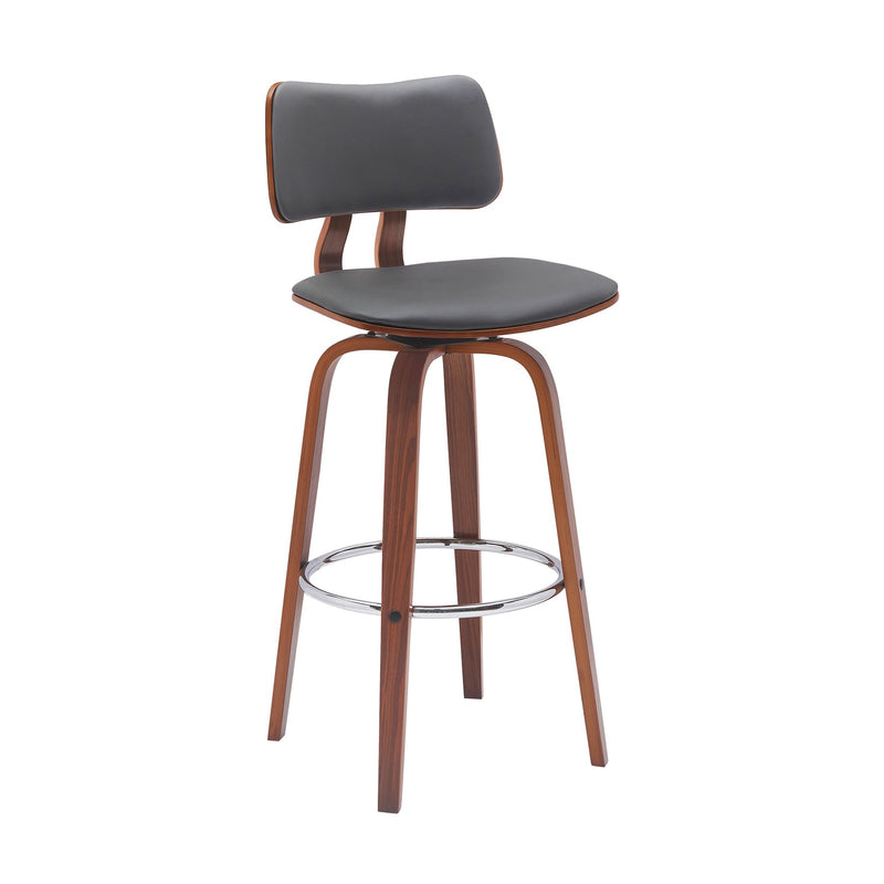 Pico 30" Swivel Walnut Wood Bar Stool in Gray Faux Leather with Chrome - Furniture City (CA)l
