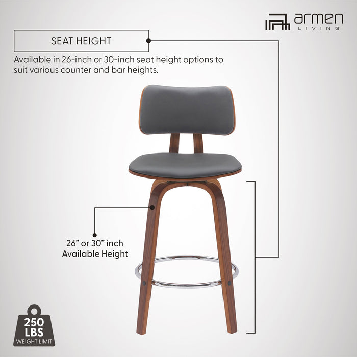 Pico 30" Swivel Walnut Wood Bar Stool in Gray Faux Leather with Chrome