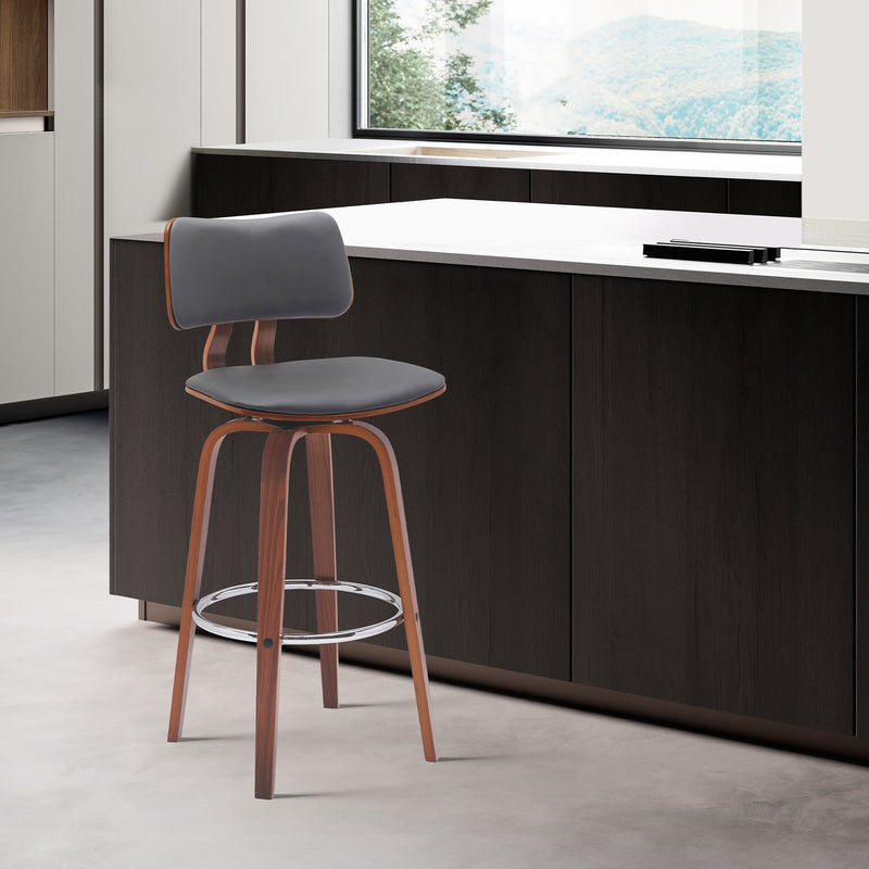 Pico 30" Swivel Walnut Wood Bar Stool in Gray Faux Leather with Chrome - Furniture City (CA)l