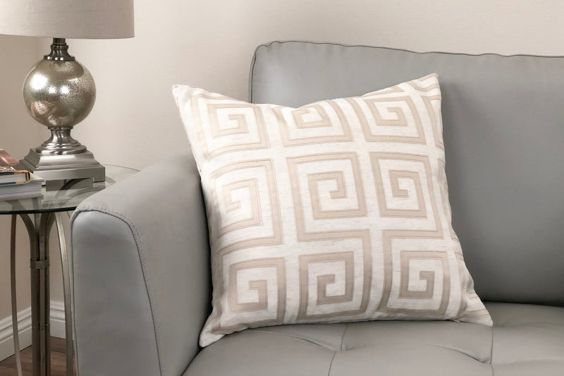 Laguna Contemporary Decorative Feather and Down Throw Pillow In Beige Applique Embroidery Fabric - Furniture City (CA)l