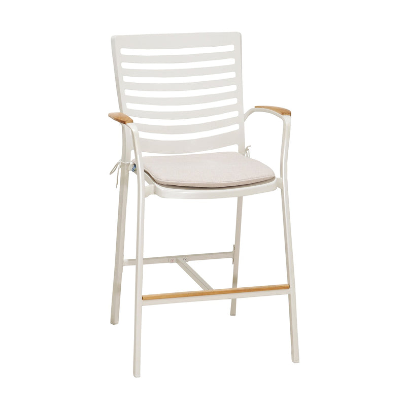 Portals Outdoor Patio Aluminum Barstool in Light Matte Sand with Natural Teak Wood Accent - Furniture City (CA)l