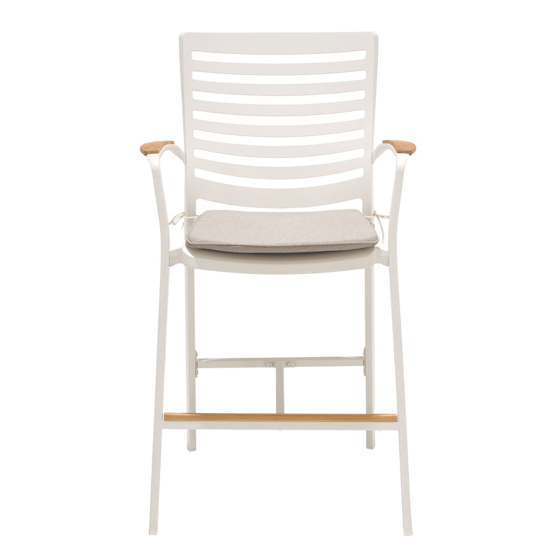 Portals Outdoor Patio Aluminum Barstool in Light Matte Sand with Natural Teak Wood Accent - Furniture City (CA)l