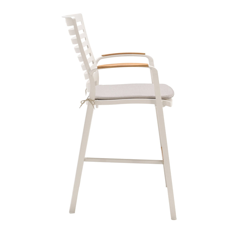 Portals Outdoor Patio Aluminum Barstool in Light Matte Sand with Natural Teak Wood Accent - Furniture City (CA)l