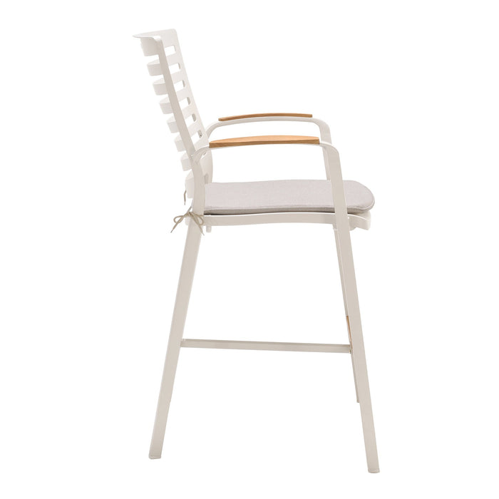 Portals Outdoor Patio Aluminum Barstool in Light Matte Sand with Natural Teak Wood Accent