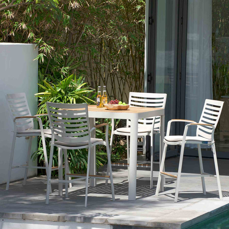Portals Outdoor Patio Aluminum Barstool in Light Matte Sand with Natural Teak Wood Accent - Furniture City (CA)l