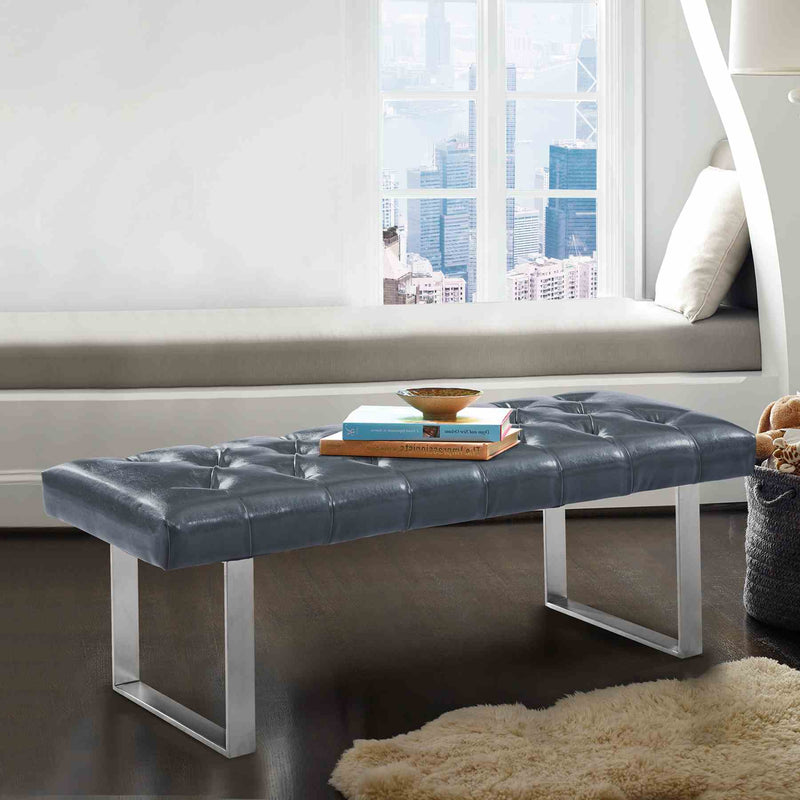 Plaza Contemporary Bench in Gray Faux Leather and Brushed Stainless Steel Finish - Furniture City (CA)l