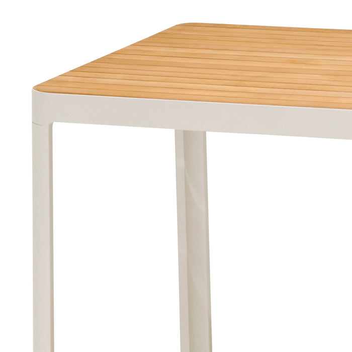 Portals Outdoor Square Bar Table In Light Matte Sand with Natural Teak Wood Top