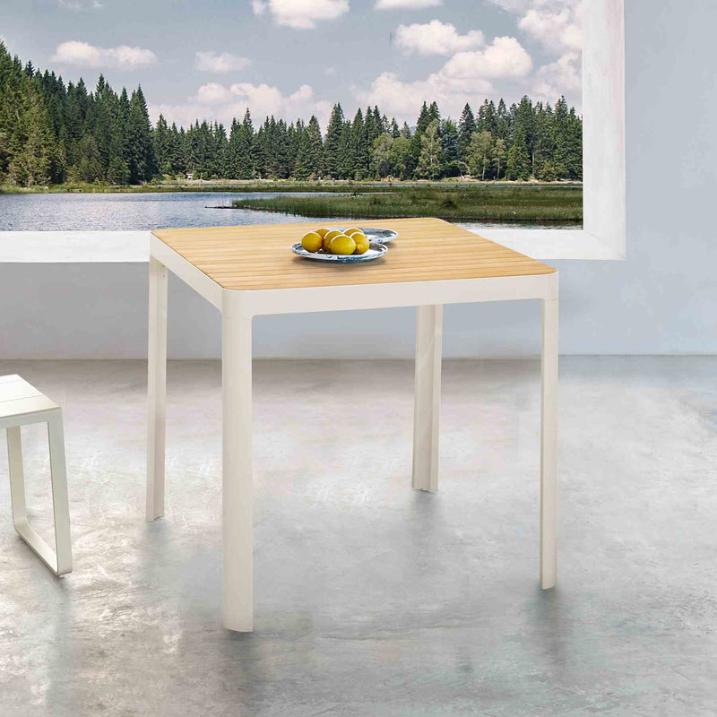 Portals Outdoor Square Bar Table In Light Matte Sand with Natural Teak Wood Top - Furniture City (CA)l