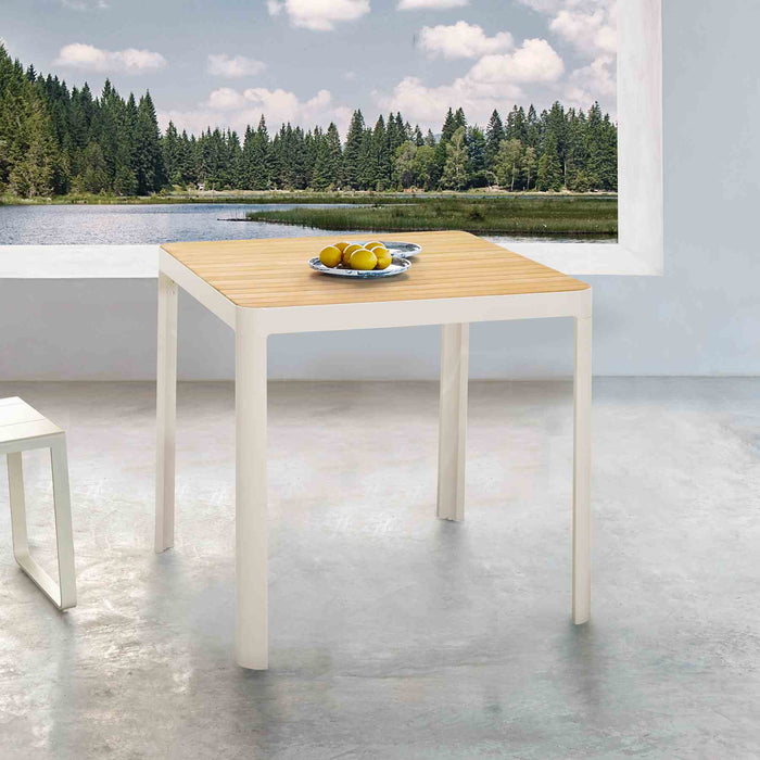 Portals Outdoor Square Bar Table In Light Matte Sand with Natural Teak Wood Top