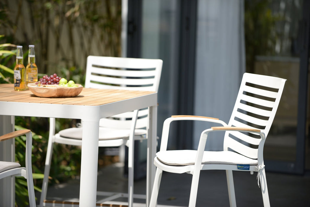 Portals Outdoor Square Bar Table In Light Matte Sand with Natural Teak Wood Top