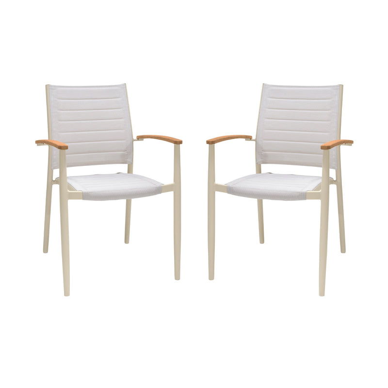Portals Outdoor Coral Sand Aluminum Stacking Dining Chair with Teak Arms - Set of 2 - Furniture City (CA)l