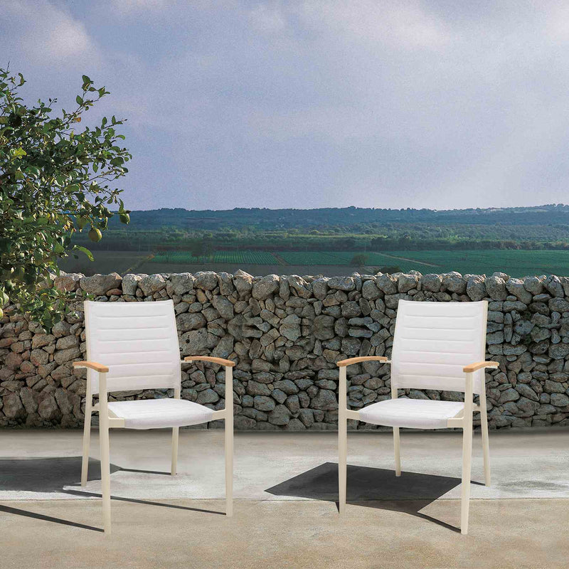 Portals Outdoor Coral Sand Aluminum Stacking Dining Chair with Teak Arms - Set of 2 - Furniture City (CA)l
