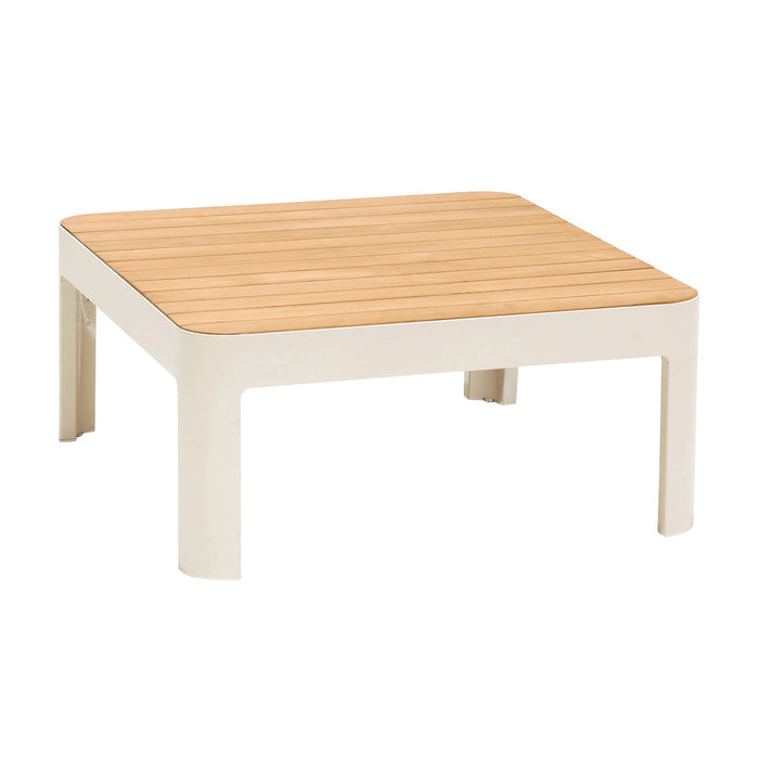 Portals Outdoor Square Coffee Table in Light Matte Sand Finish with Natural Teak Wood Top