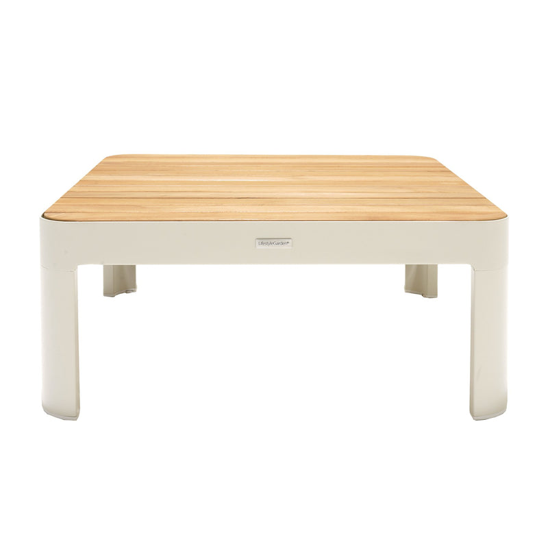 Portals Outdoor Square Coffee Table in Light Matte Sand Finish with Natural Teak Wood Top - Furniture City (CA)l