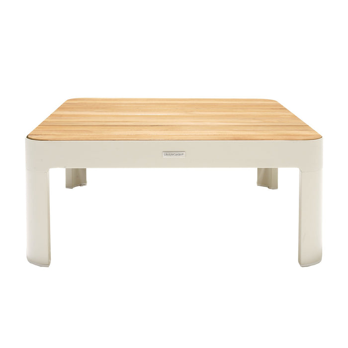Portals Outdoor Square Coffee Table in Light Matte Sand Finish with Natural Teak Wood Top