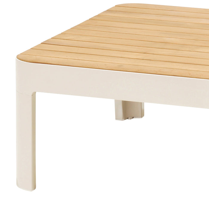 Portals Outdoor Square Coffee Table in Light Matte Sand Finish with Natural Teak Wood Top