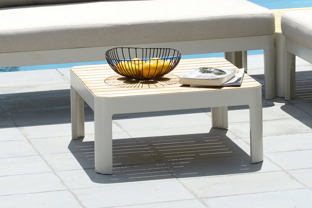 Portals Outdoor Square Coffee Table in Light Matte Sand Finish with Natural Teak Wood Top