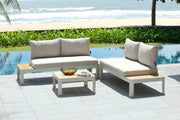 Portals Outdoor Square Coffee Table in Light Matte Sand Finish with Natural Teak Wood Top - Furniture City (CA)l