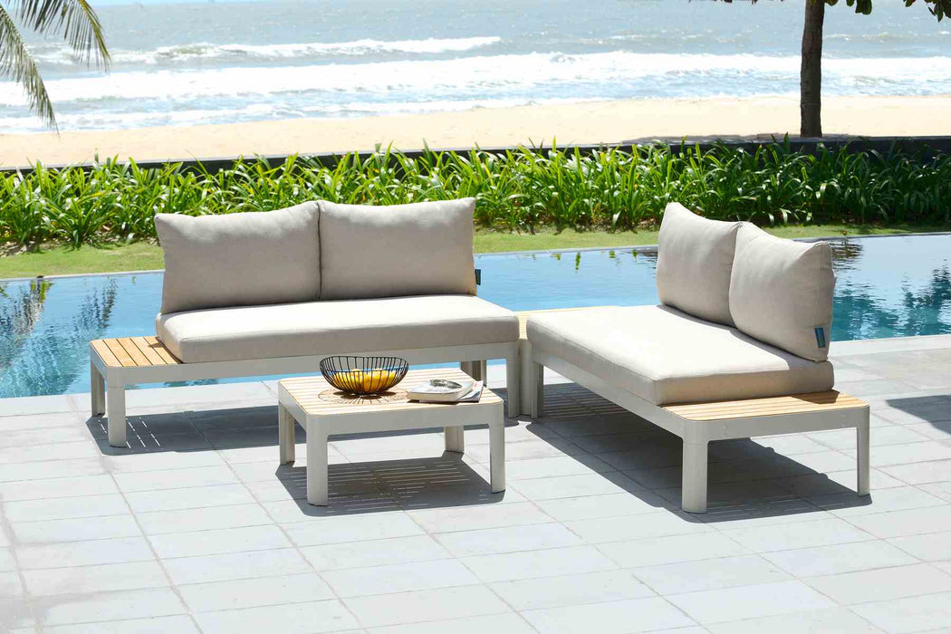 Portals Outdoor Square Coffee Table in Light Matte Sand Finish with Natural Teak Wood Top