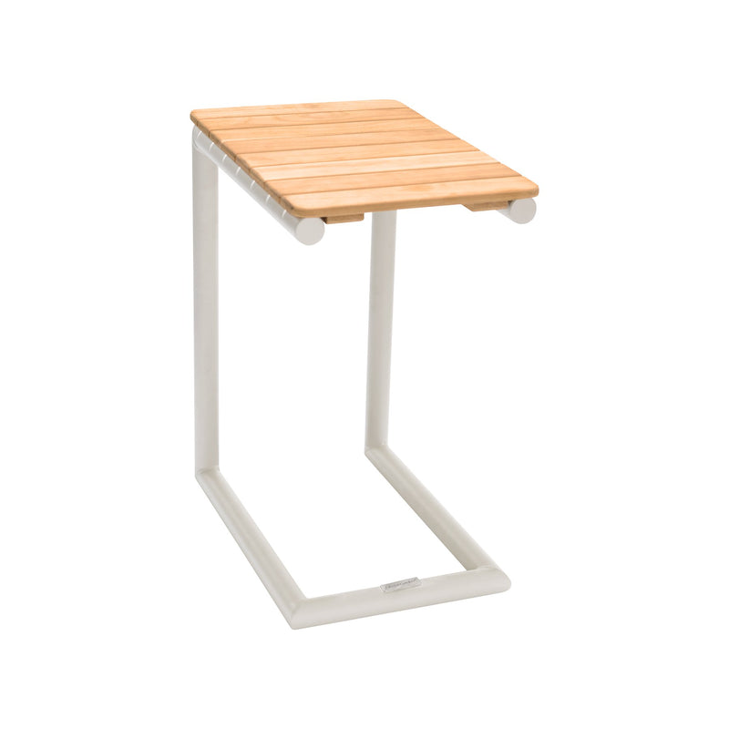 Portals Outdoor C-Shape Side Table in Light Sand Matte Finish and Natural Teak Wood Top - Furniture City (CA)l