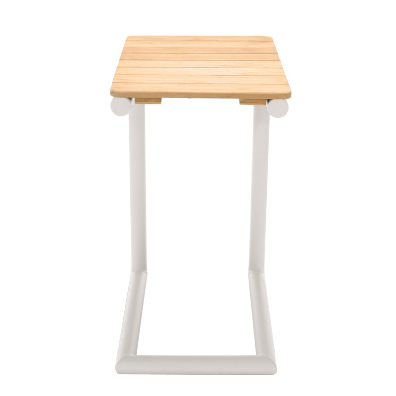 Portals Outdoor C-Shape Side Table in Light Sand Matte Finish and Natural Teak Wood Top - Furniture City (CA)l
