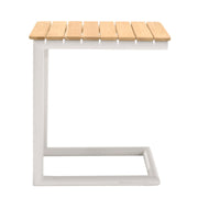 Portals Outdoor C-Shape Side Table in Light Sand Matte Finish and Natural Teak Wood Top - Furniture City (CA)l