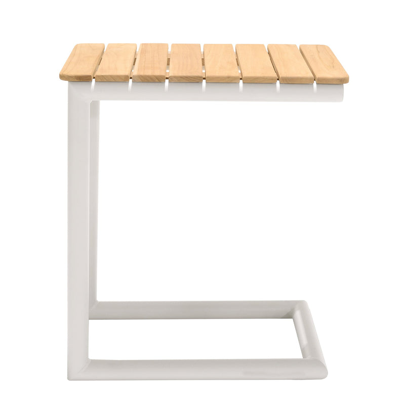 Portals Outdoor C-Shape Side Table in Light Sand Matte Finish and Natural Teak Wood Top - Furniture City (CA)l