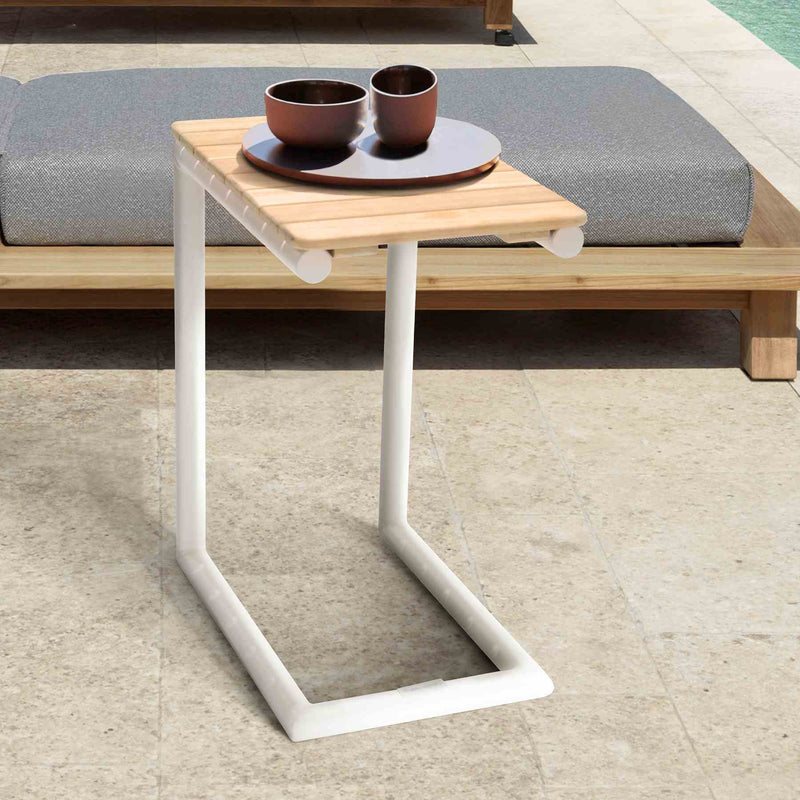 Portals Outdoor C-Shape Side Table in Light Sand Matte Finish and Natural Teak Wood Top - Furniture City (CA)l