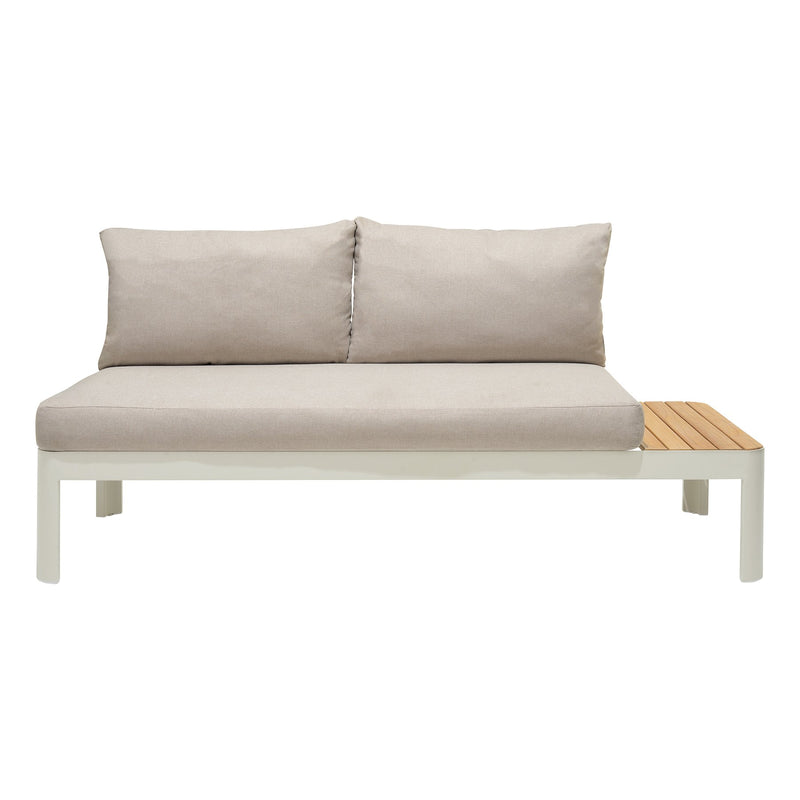 Portals Outdoor Sofa in Light Matte Sand Finish with Natural Teak Wood and Beige Cushions - Furniture City (CA)l