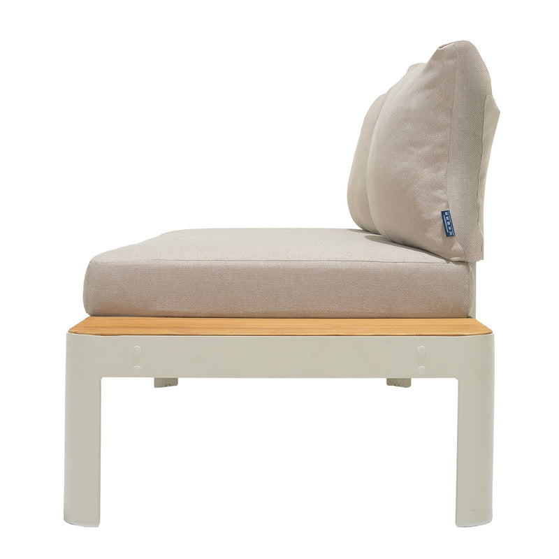 Portals Outdoor Sofa in Light Matte Sand Finish with Natural Teak Wood and Beige Cushions - Furniture City (CA)l
