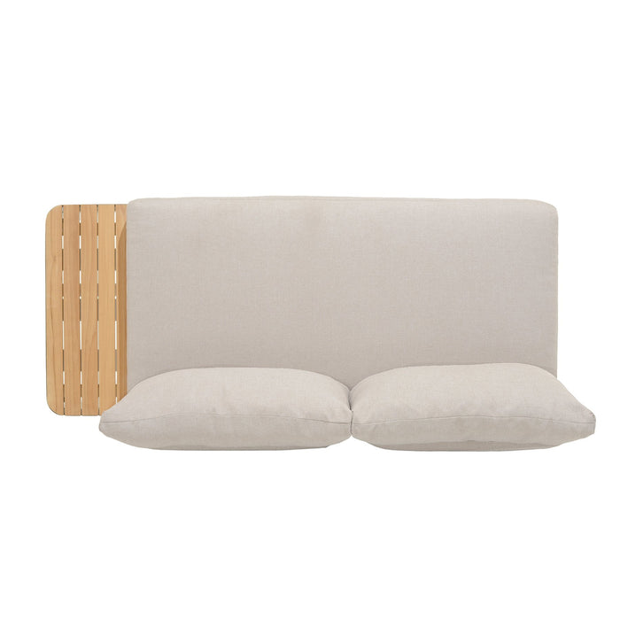 Portals Outdoor Sofa in Light Matte Sand Finish with Natural Teak Wood and Beige Cushions