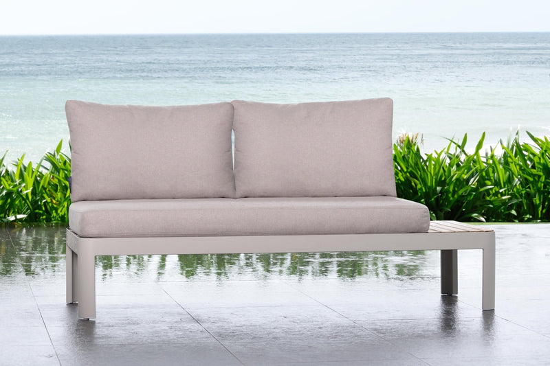 Portals Outdoor Sofa in Light Matte Sand Finish with Natural Teak Wood and Beige Cushions - Furniture City (CA)l