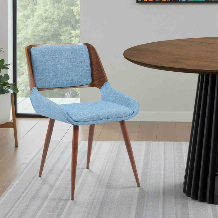 Panda Mid-Century Upholstered Dining Chair in Walnut Finish with Light Blue Fabric Seat