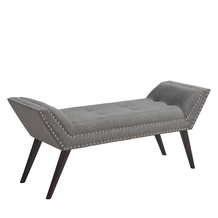 Porter Ottoman Bench in Charcoal Fabric with Nailhead Trim and Espresso Wood Legs