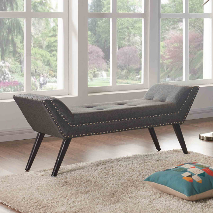 Porter Ottoman Bench in Charcoal Fabric with Nailhead Trim and Espresso Wood Legs