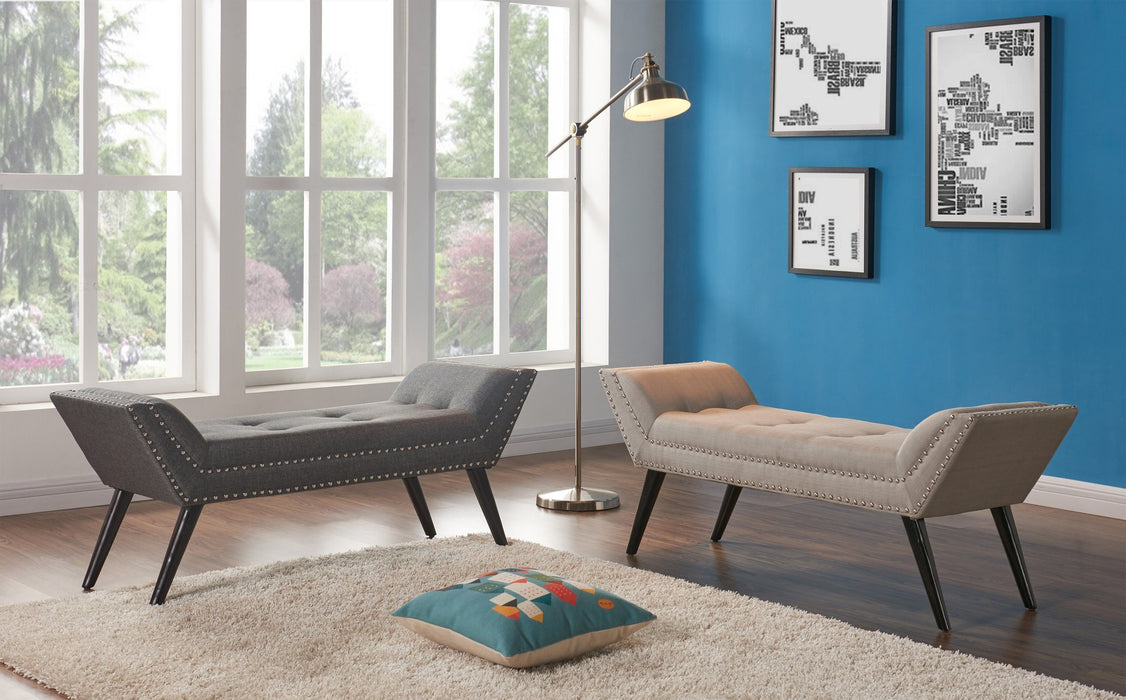 Porter Ottoman Bench in Charcoal Fabric with Nailhead Trim and Espresso Wood Legs