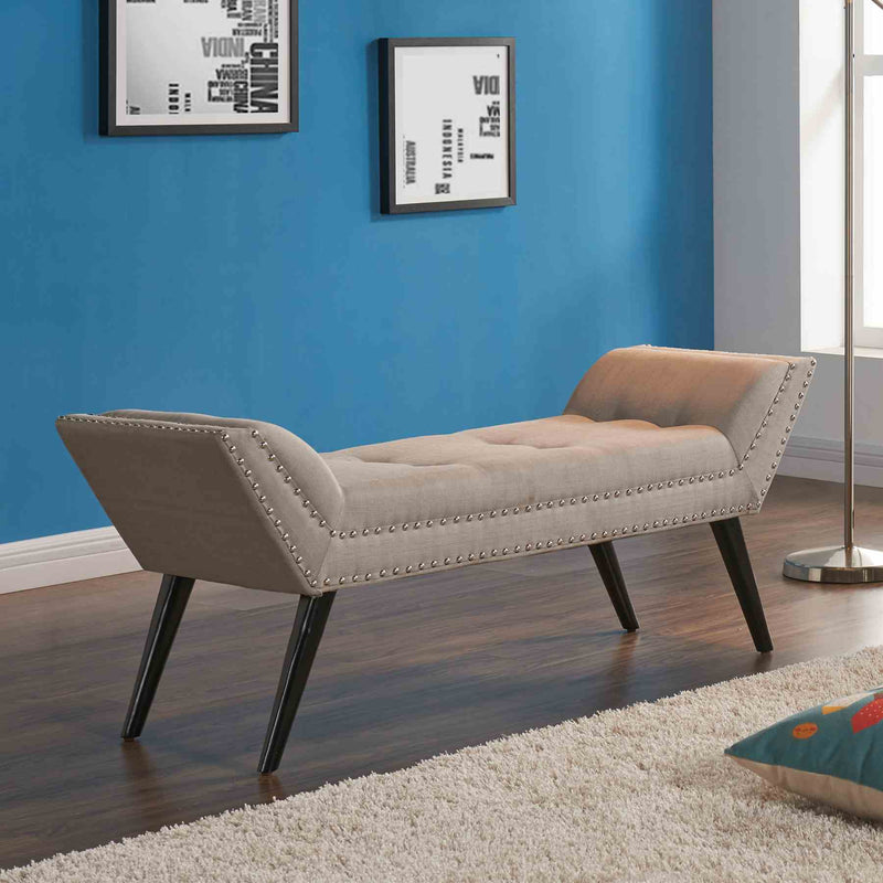Porter Ottoman Bench in Taupe Fabric with Nailhead Trim and Espresso Wood Legs - Furniture City (CA)l