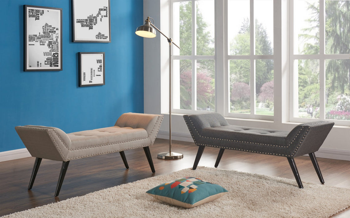 Porter Ottoman Bench in Taupe Fabric with Nailhead Trim and Espresso Wood Legs
