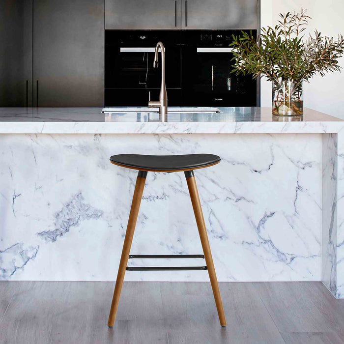 Piper 26" Counter Height Backless Bar Stool in Brown Faux Leather and Walnut Wood