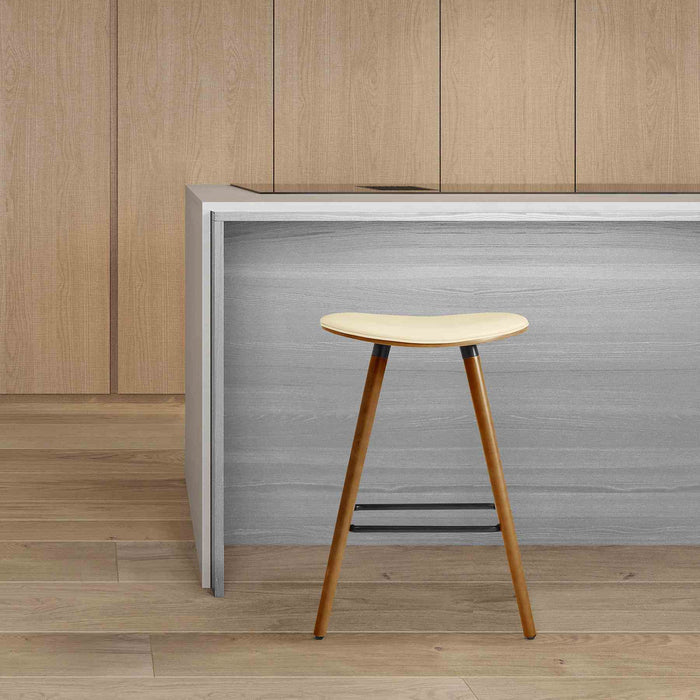 Piper 26" Counter Height Backless Bar Stool in Cream Faux Leather and Walnut Wood