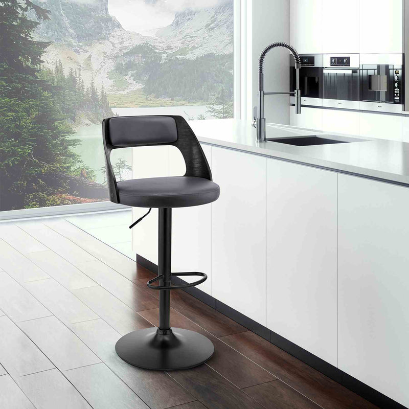 Paulo Adjustable Swivel Gray Faux Leather and Black Wood Bar Stool with Black Base - Furniture City (CA)l