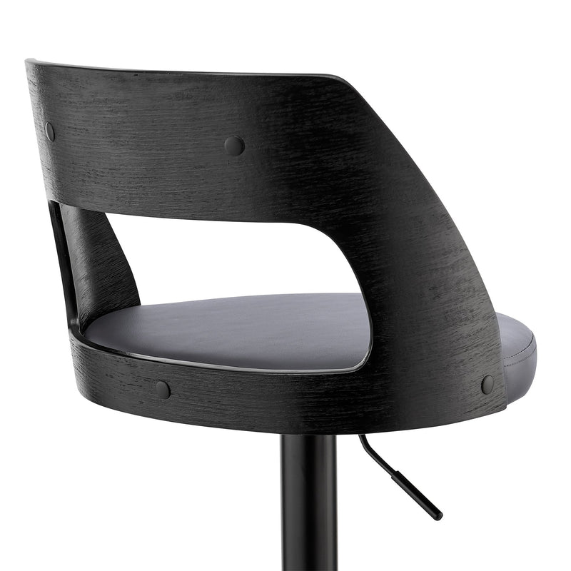 Paulo Adjustable Swivel Gray Faux Leather and Black Wood Bar Stool with Black Base - Furniture City (CA)l