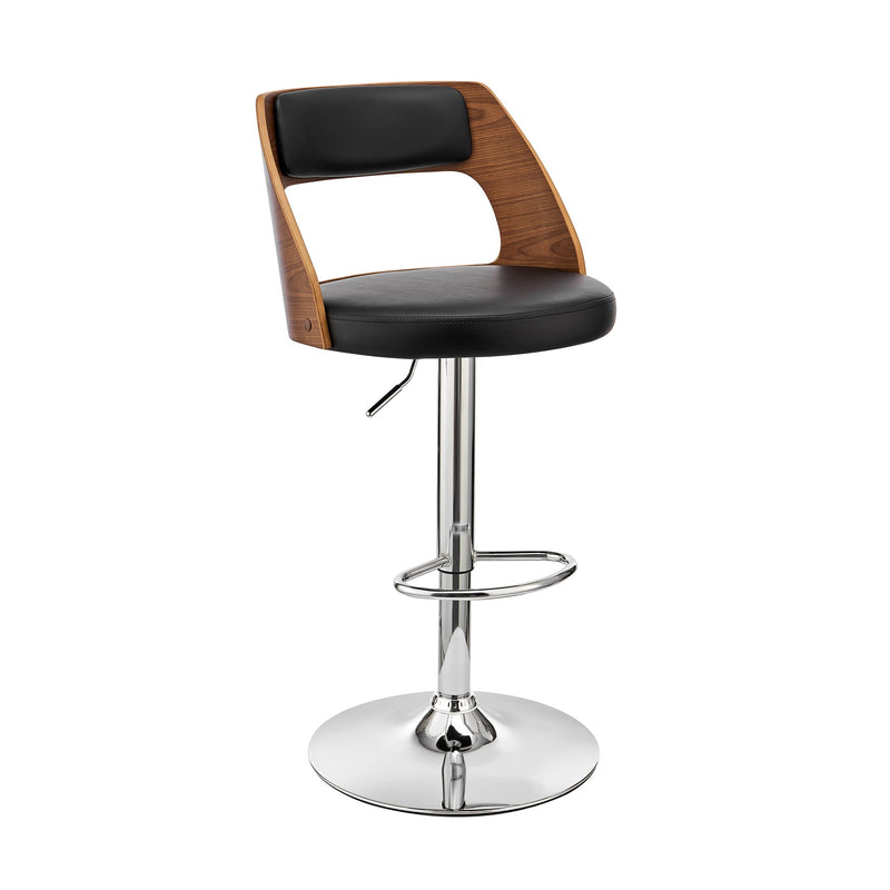 Paulo Adjustable Swivel Black Faux Leather and Walnut Wood Bar Stool with Chrome Base - Furniture City (CA)l