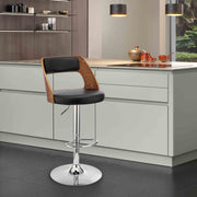 Paulo Adjustable Swivel Black Faux Leather and Walnut Wood Bar Stool with Chrome Base - Furniture City (CA)l