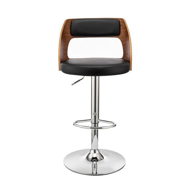 Paulo Adjustable Swivel Black Faux Leather and Walnut Wood Bar Stool with Chrome Base - Furniture City (CA)l
