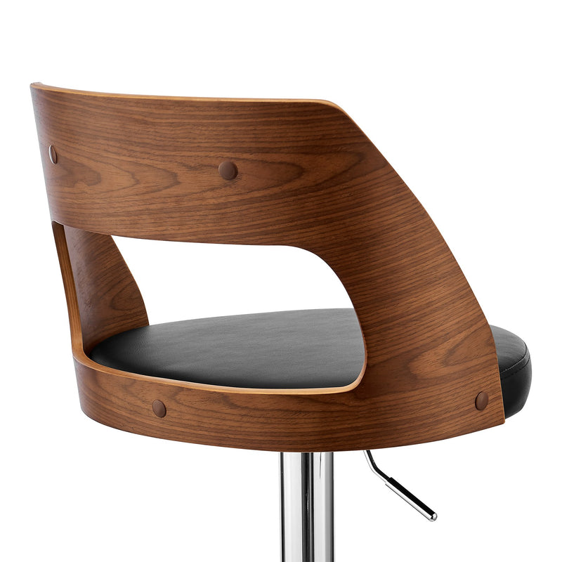 Paulo Adjustable Swivel Black Faux Leather and Walnut Wood Bar Stool with Chrome Base - Furniture City (CA)l