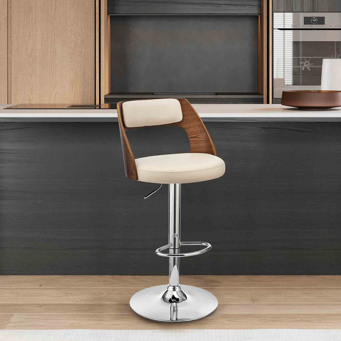Paulo Adjustable Swivel Cream Faux Leather and Walnut Wood Bar Stool with Chrome Base