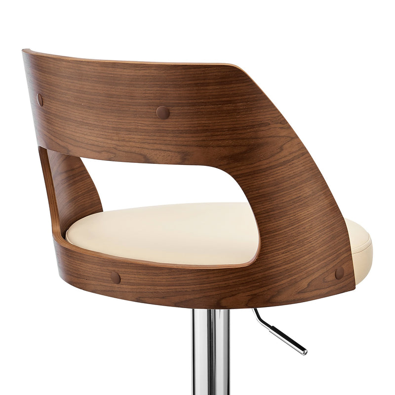 Paulo Adjustable Swivel Cream Faux Leather and Walnut Wood Bar Stool with Chrome Base - Furniture City (CA)l